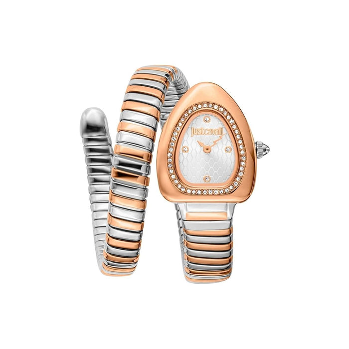Just Cavalli Women's Rose Gold & Silver Snake Coil Watch – White Textured Dial jc1l249m0065 - Authentic