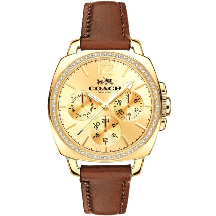 Coach Women’s Crystal Multifunction Watch – Gold Dial, Brown Leather Strap 14502172 - Authentic