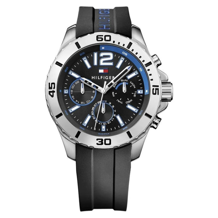Tommy Hilfiger Chronograph Black Dial Blue Accents & Black Rubber 1791143 - Authentic