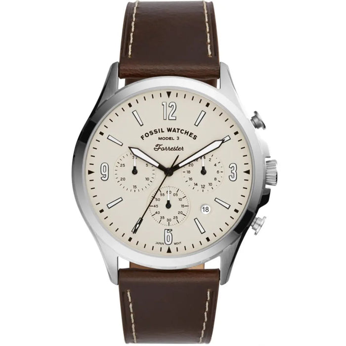 Fossil Forrester Chronograph Cream Dial Brown Leather Watch - FS5696 - Authentic