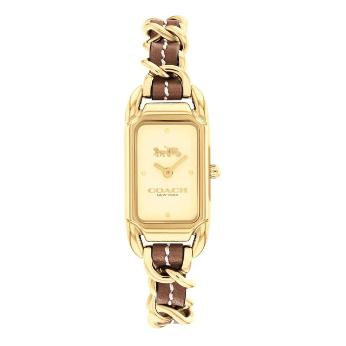 Coach Rectangular Gold-Tone Women’s Watch with Champagne Dial & Brown Leather Chain Strap 14504282 - Authentic