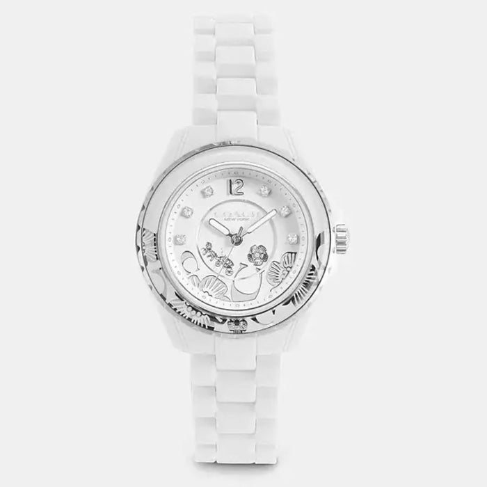 Coach Women’s White Ceramic Watch – Floral Dial with Crystal Hour Markers 14503464 - Authentic