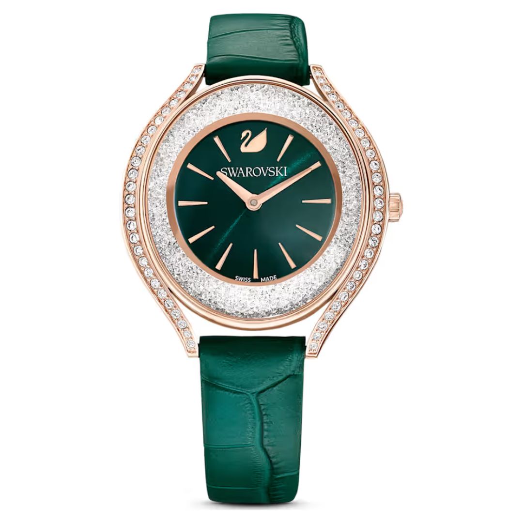 Swarovski Women’s Rose Gold Crystal Watch with Green Dial & Leather St ...