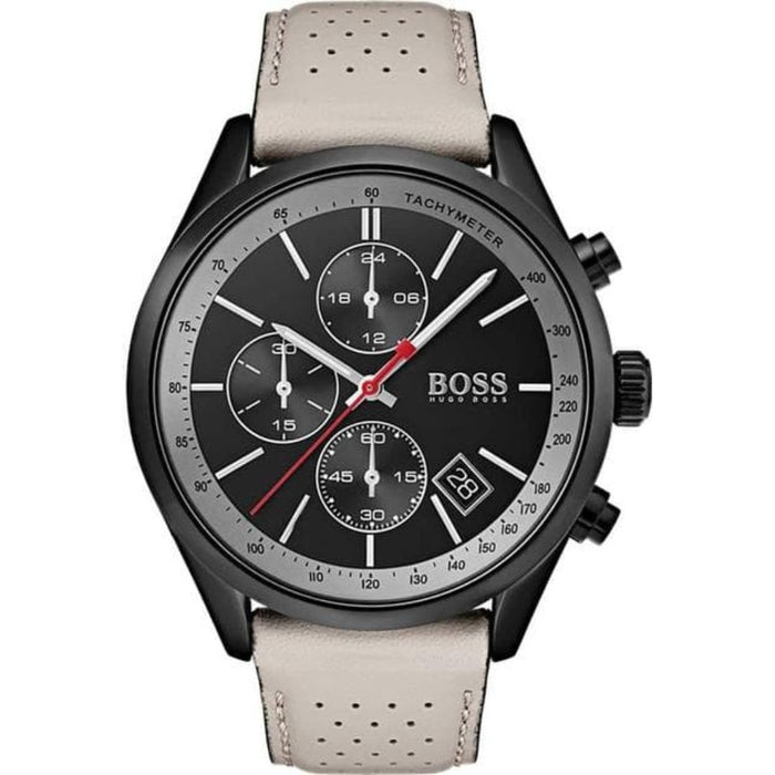 Hugo Boss Men's Chronograph Black Dial Watch with Beige Leather Strap 1513562 - Authentic