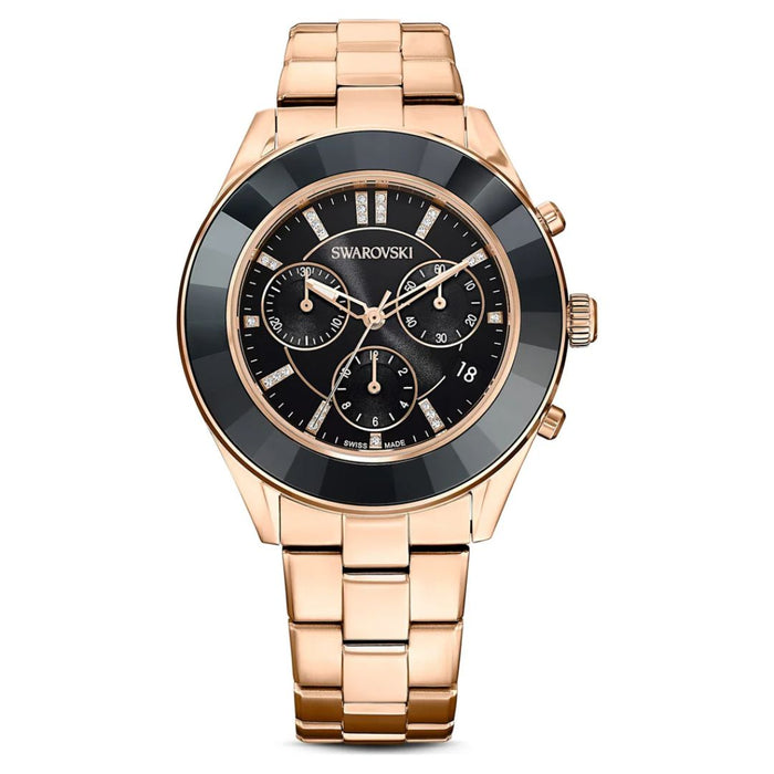 Swarovski Rose Gold Chronograph Watch with Black Dial & Crystal Indexes 5610478 - Authentic
