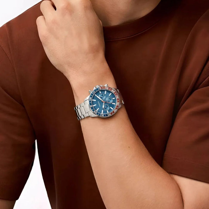 Fossil Blue & Red Bezel Chronograph Stainless Steel Watch - BQ2842 - Authentic