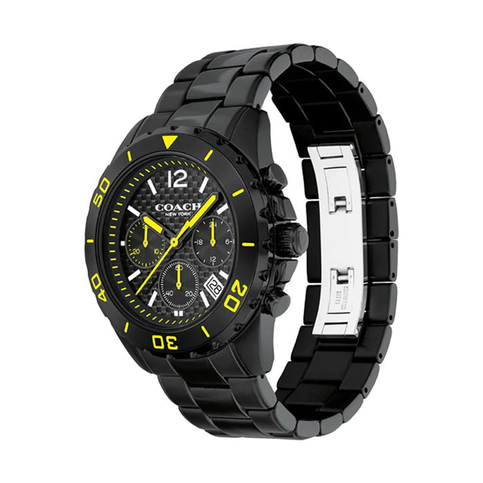 Coach Men’s Chronograph Watch – Black Stainless Steel with Yellow Accents 14602563 - Authentic