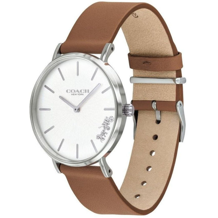 Coach Silver Case Leather Strap Watch – White Dial Quartz Timepiece 14503120 - Authentic