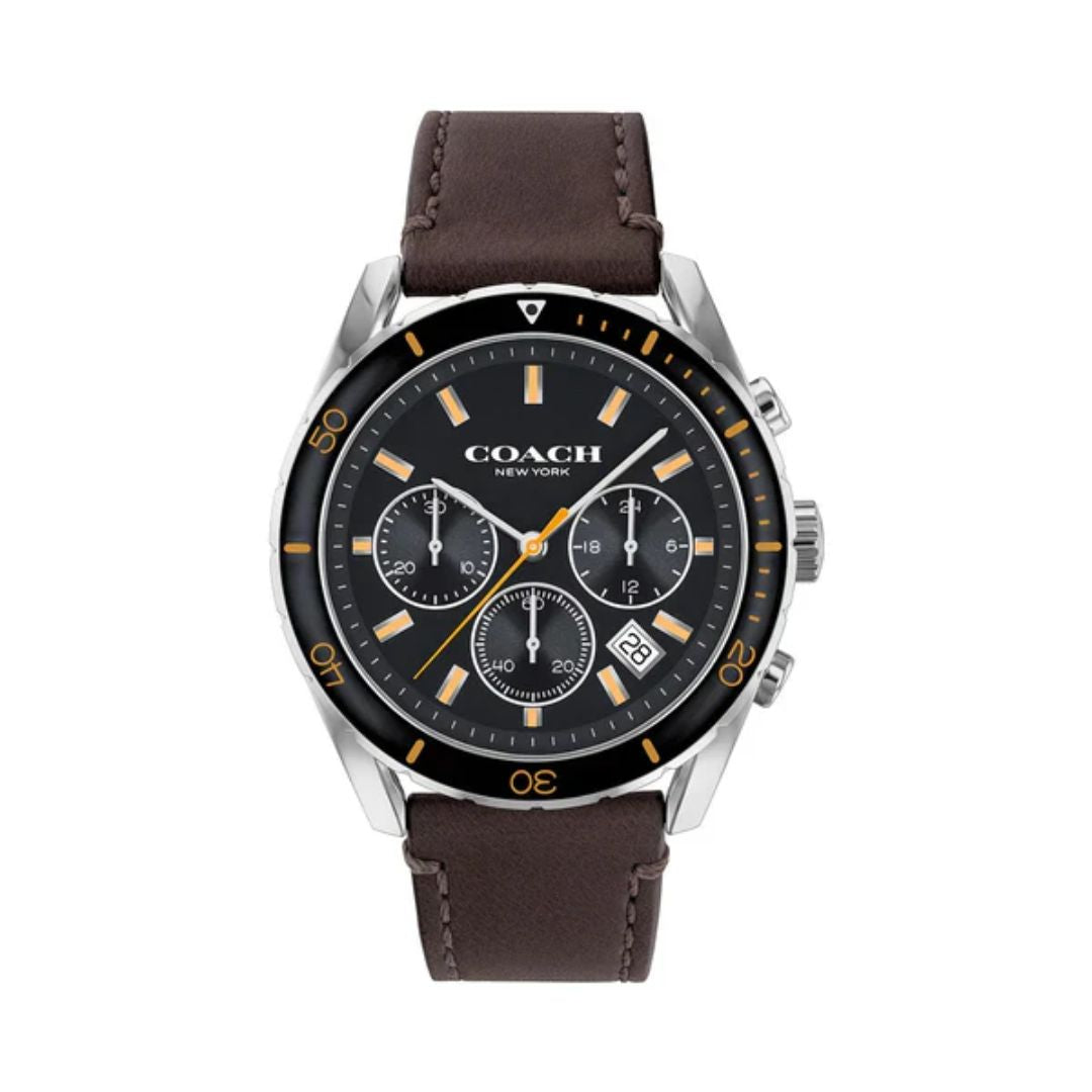Coach Chronograph Watch – Black Dial with Gold Accents & Brown Leather ...