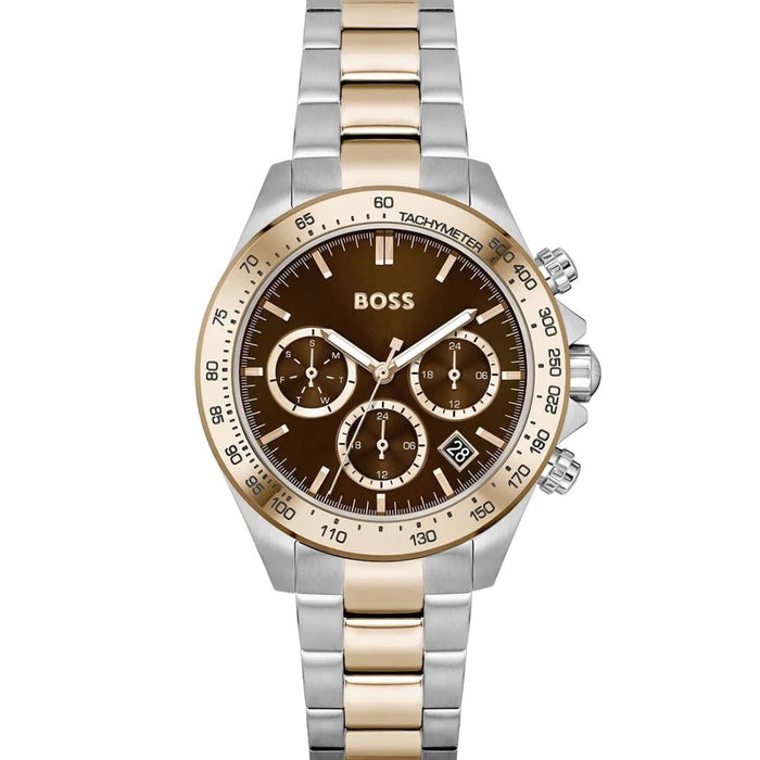 Hugo Boss Men’s Two-Tone Chronograph Tachymeter Watch Brown Dial | Luxury Sport 1502617 - Authentic