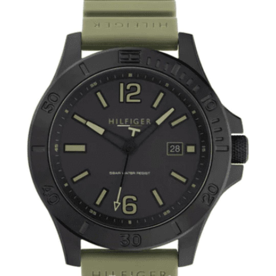 Tommy Hilfiger Black Dial Military Green Silicone Strap 1791992 - Auth ...