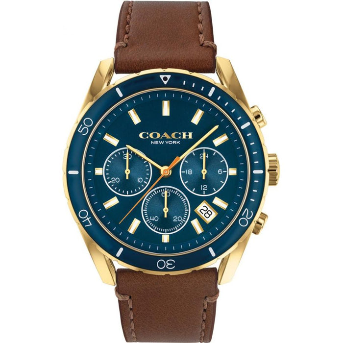 Coach Men’s Gold-Tone Chronograph Watch with Blue Dial & Brown Leather Strap 14602513 - Authentic