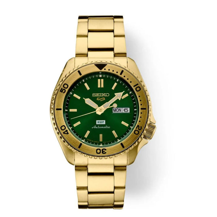 Seiko 5 Sports Automatic Gold Tone Green Dial Day-Date Watch SRPJ20 - Authentic