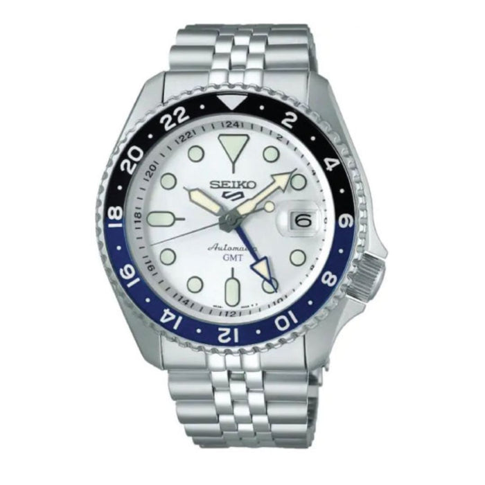 Seiko 5 Sports Automatic GMT Stainless Steel Watch – White Dial & Blue/Black Bezel SSK033K1 - Authentic