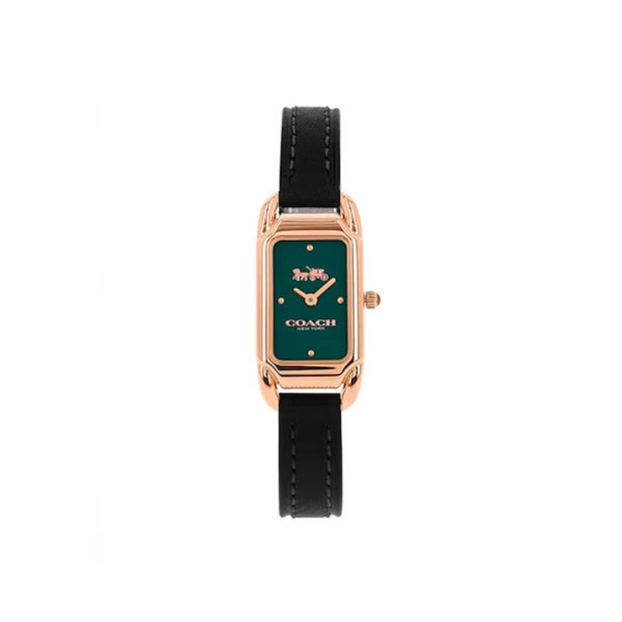 Coach New York Rose Gold Rectangular Women’s Watch – Green Dial & Black Leather Strap 14504068 - Authentic