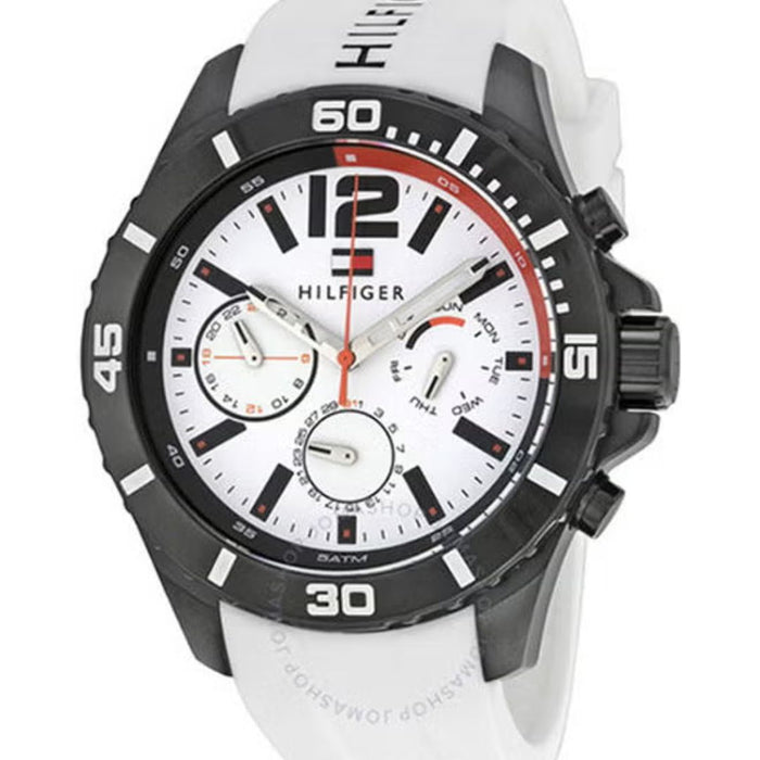 Tommy Hilfiger Chronograph White Dial Black Bezel & White Rubber Strap 1791146 - Authentic