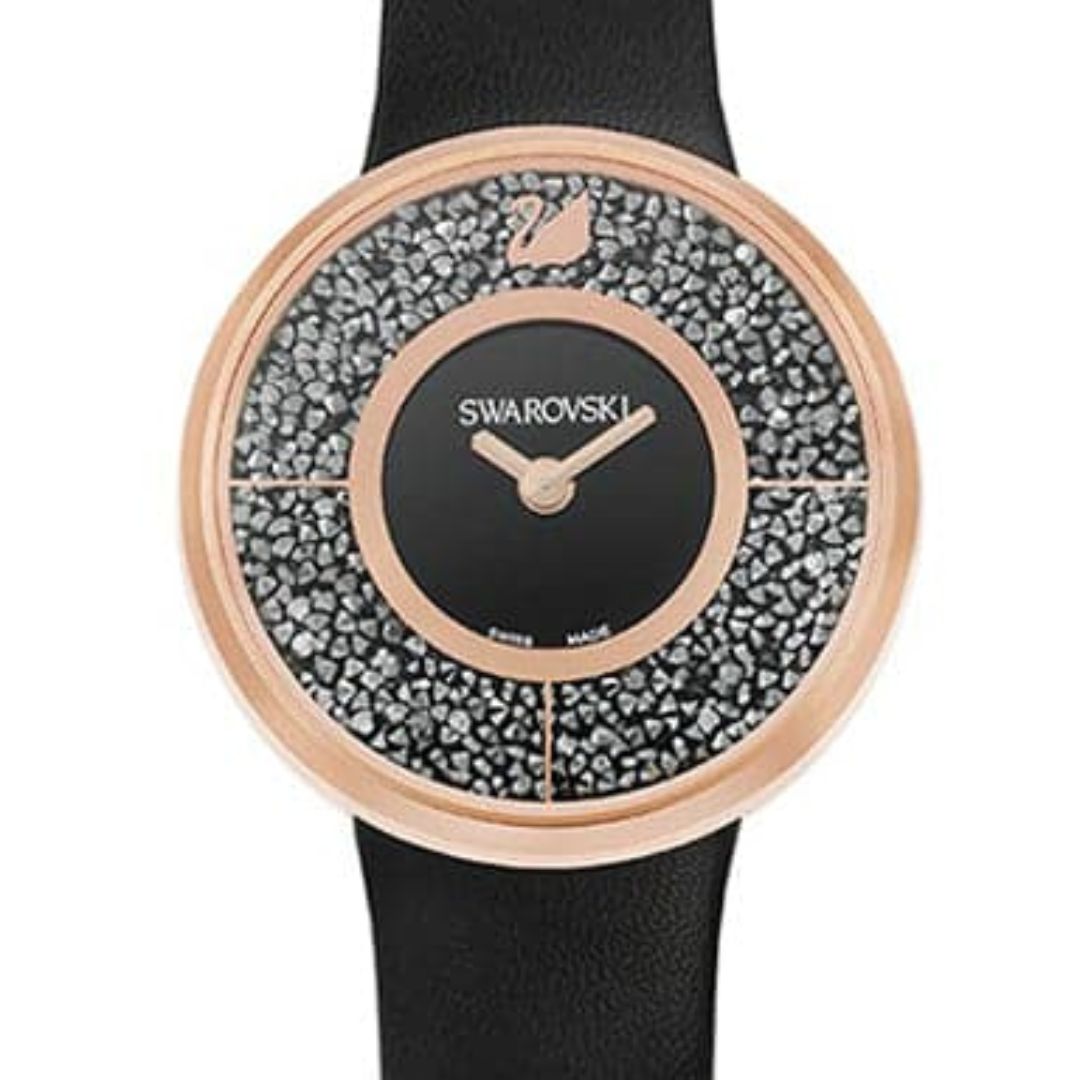 5484050 Swarovski Crystalline Pure Black Leather Rose Gold Watch 5045371 - Aut ...