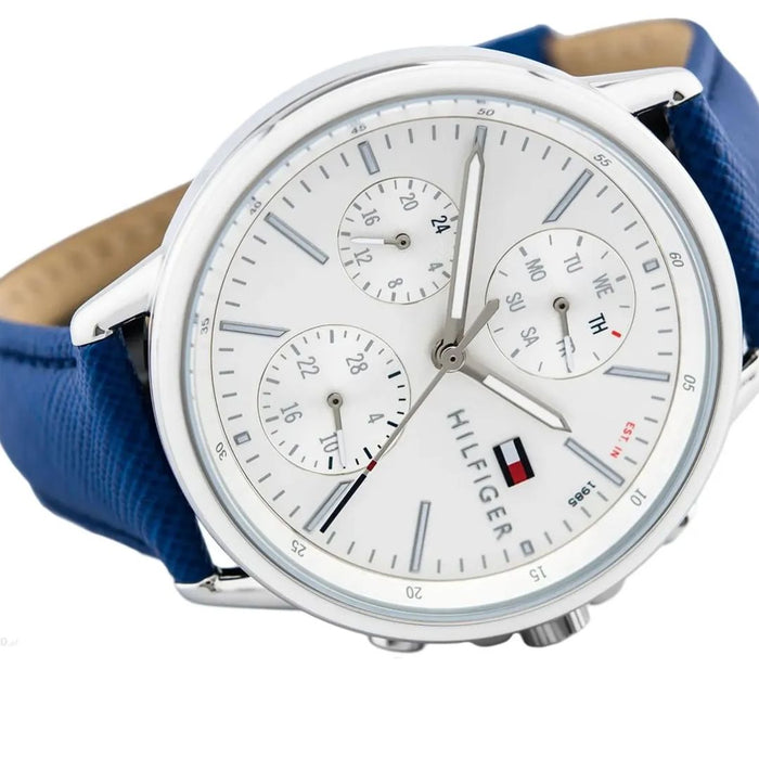 Tommy Hilfiger Silver Chronograph Blue Leather Strap 1781791 - Authentic