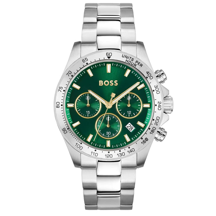 Hugo Boss Men’s Tachymeter Chronograph Watch Green Dial & Gold Accents | 1514217 - Authentic