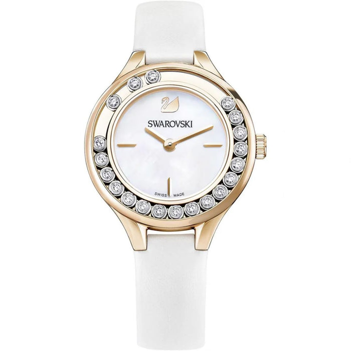 Swarovski Lovely Crystals Women’s Watch – Gold Case, White Leather Strap 5242904 - Authentic
