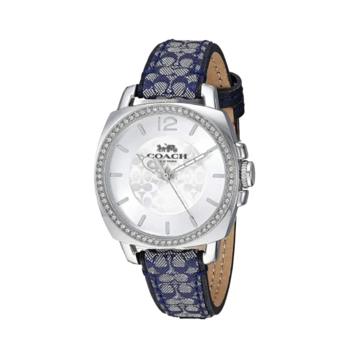 Coach Women’s Silver-Tone Crystal Bezel Watch with Blue Signature Strap 14503149 - Authentic