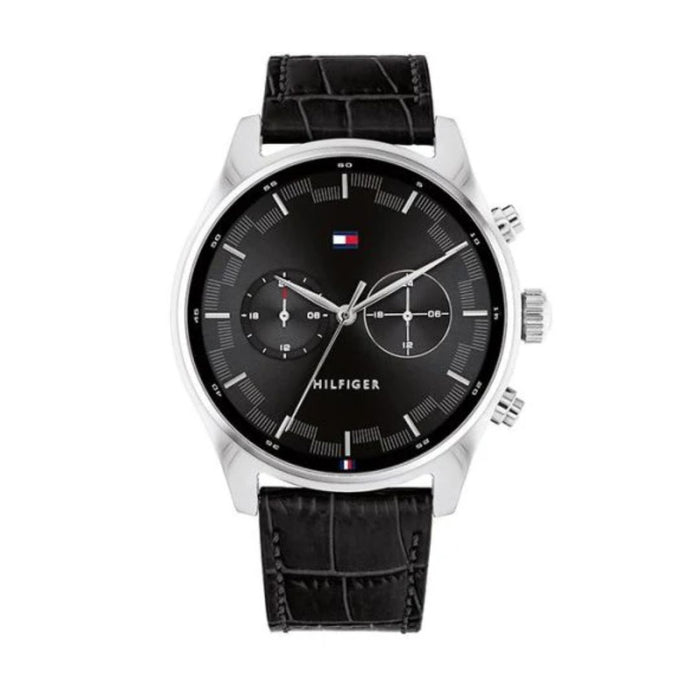 Tommy Hilfiger Men’s Black Dial Chronograph Watch with Black Leather Strap 1714024 - Authentic