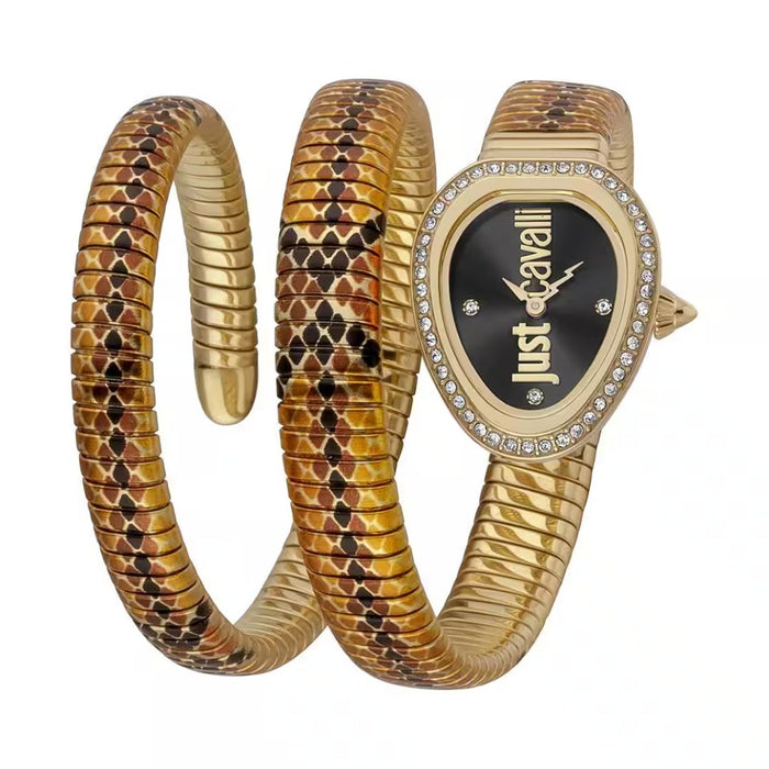 Just Cavalli Serpente Snake Print Gold Black Dial Women’s Watch JC1L163M0065 - Authentic