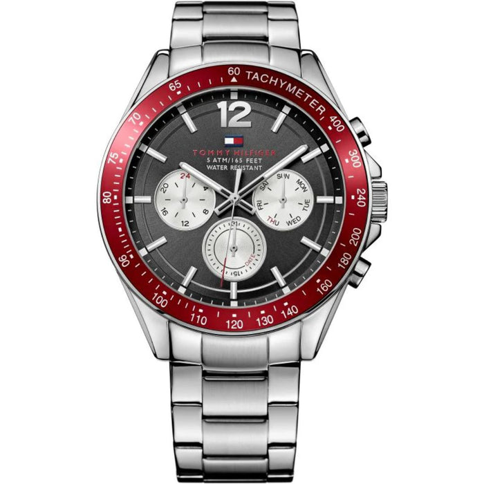 Tommy Hilfiger Men’s Silver Chronograph Watch with Red Tachymeter Bezel 1791122 - Authentic