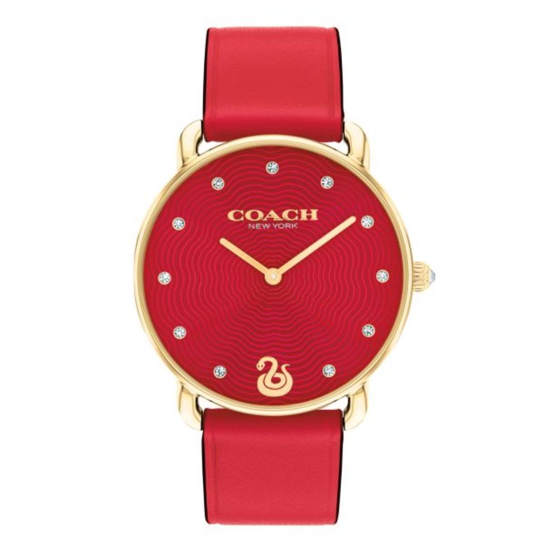 Coach Women’s Red Dial Gold-Tone Crystal Accent Leather Strap Watch 14 ...