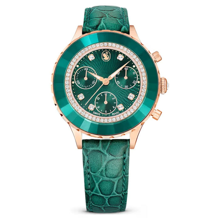 Swarovski Green Chronograph Watch – Rose Gold Case, Crystal Bezel 5672931 - Authentic