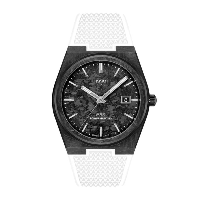 Tissot PRX Powermatic 80 – Carbon Dial with White Rubber Strap t137.907.97.201.00 - Swiss Factory