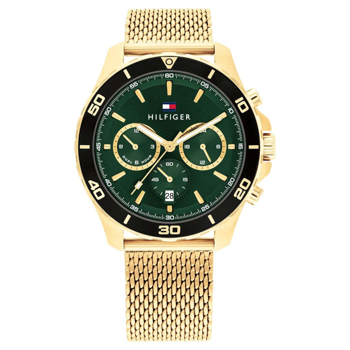 Tommy Hilfiger Men’s Gold Mesh Chronograph Watch with Green Dial 1792093 - Authentic