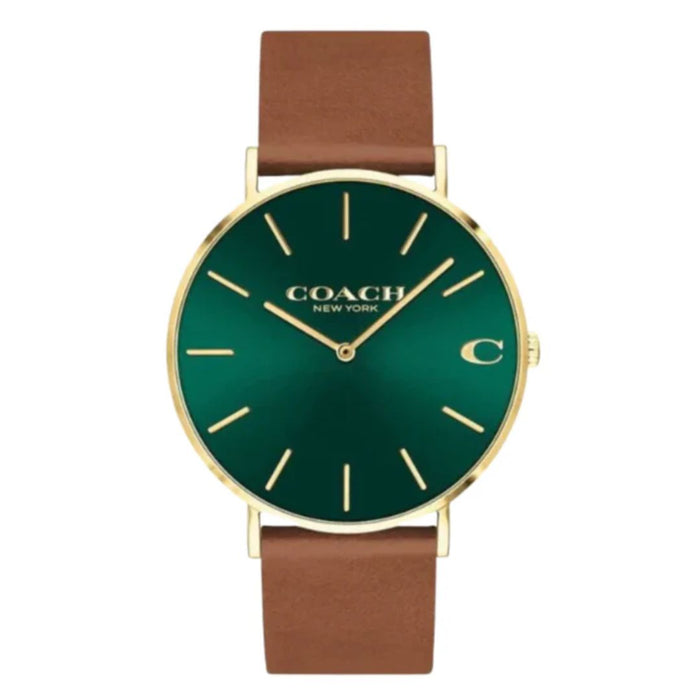 Coach Men’s Classic Minimal Watch – Green Dial, Gold Case, Brown Leather Strap 14602435 - Authentic