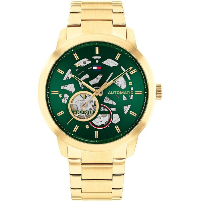 Tommy Hilfiger Men’s Gold Automatic Skeleton Watch with Green Dial 1710662 - Authentic