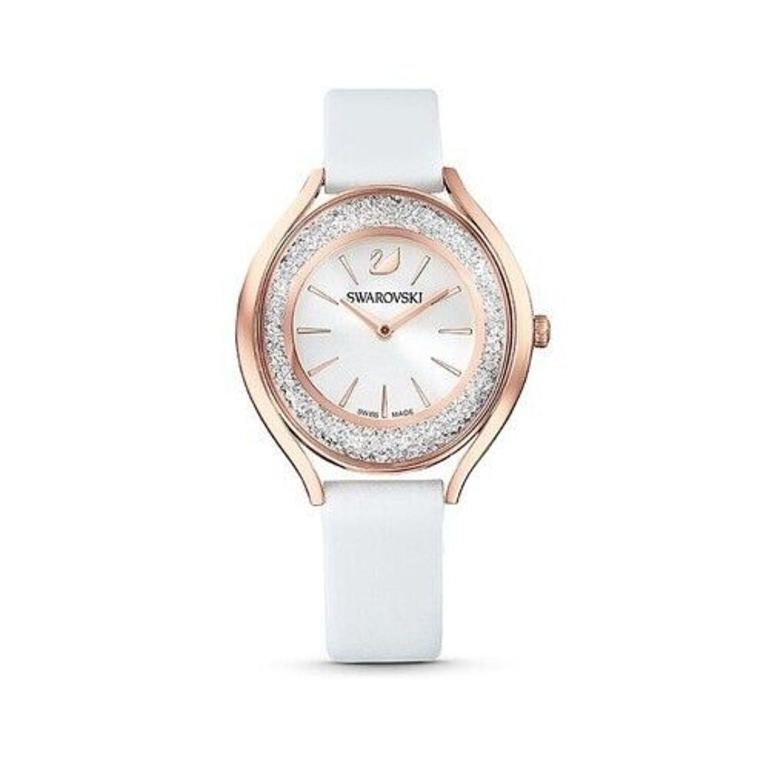 Swarovski Crystalline Oval Women’s Watch – Rose Gold Case, White Leath ...