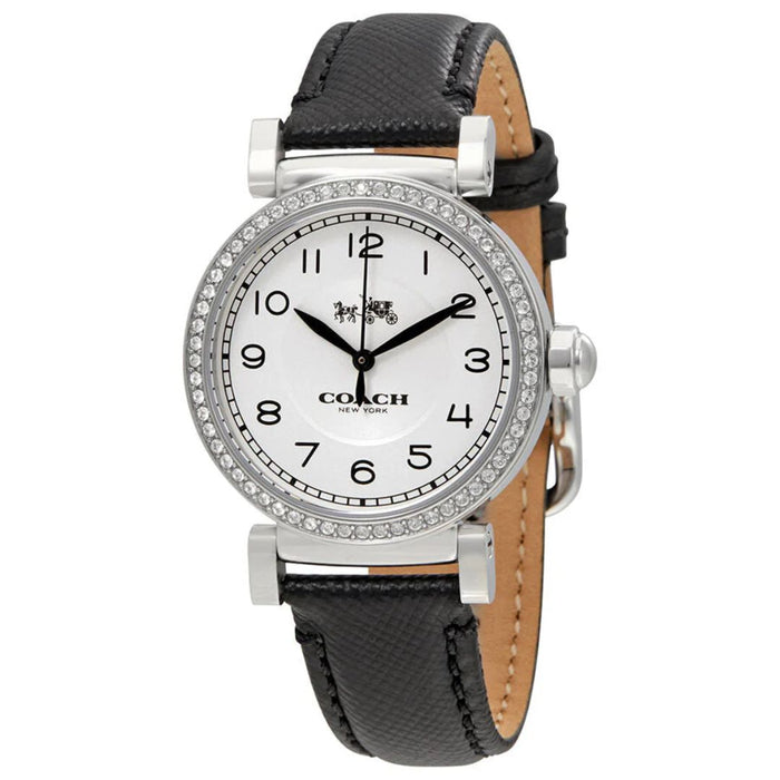 Coach Women’s Silver Crystal Bezel Watch with Black Leather Strap 14502399 - Authentic