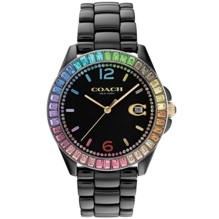 Coach Women’s Black Stainless Steel Watch – Rainbow Crystal Bezel & Date Display 14504018 - Authentic