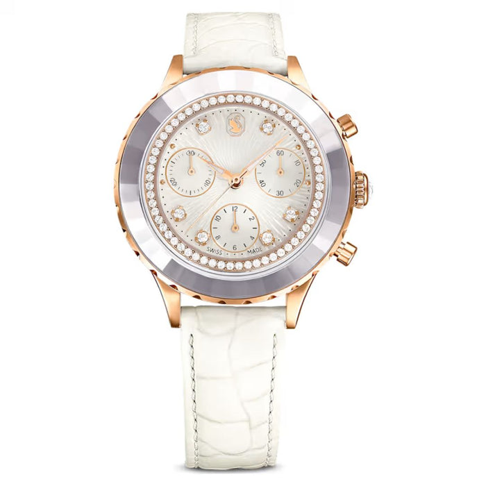 Swarovski Rose Gold Chronograph Watch – White Dial & White Leather Strap 5671150 - Authentic