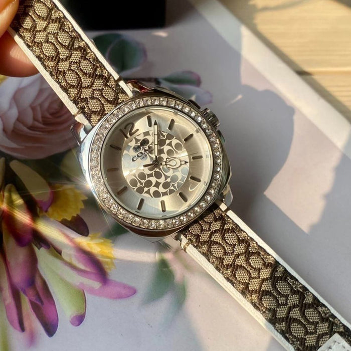 Coach Women’s Signature Crystal Bezel Watch – Silver Dial & Canvas Strap 14503148 - Authentic