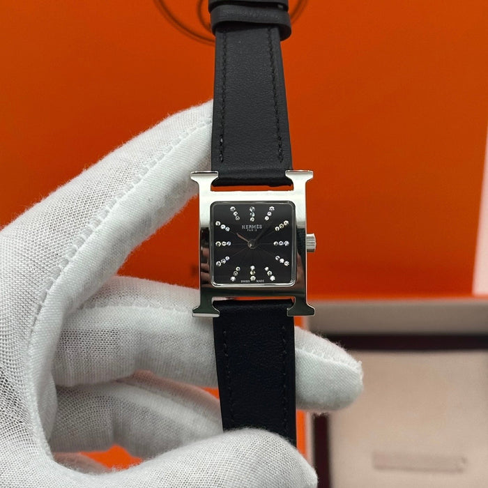 H Silver Black Dial With Black Leather Strap Watch