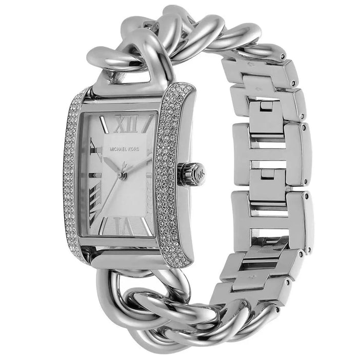 Michael Kors For Women Mini Emery Pavé Silver-Tone Curb Link Watch MK7438 Authentic