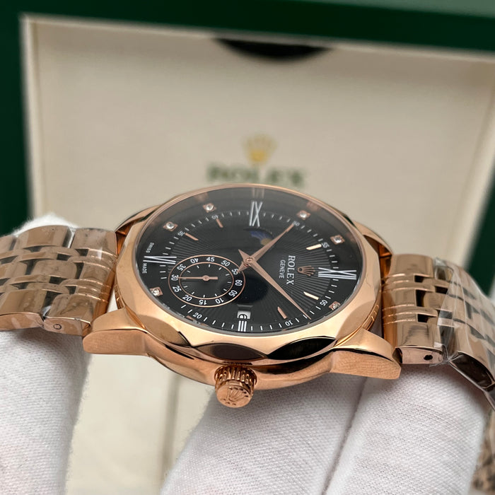 Rolex Cellini automatic watch rose gold case and a black dial with diamond