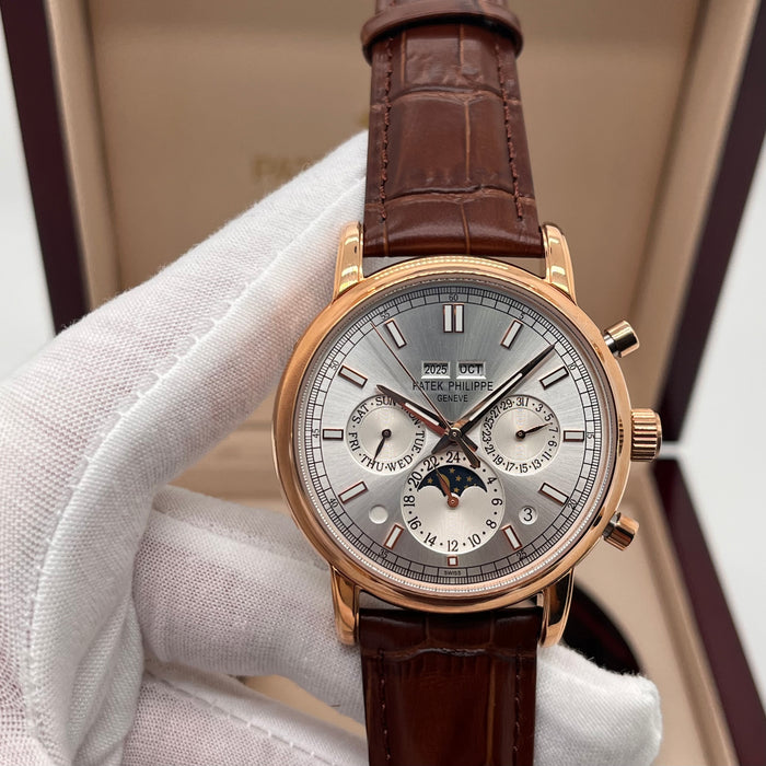 Patek Philippe Open Heart Automatic Silver Case With brown leather Strap