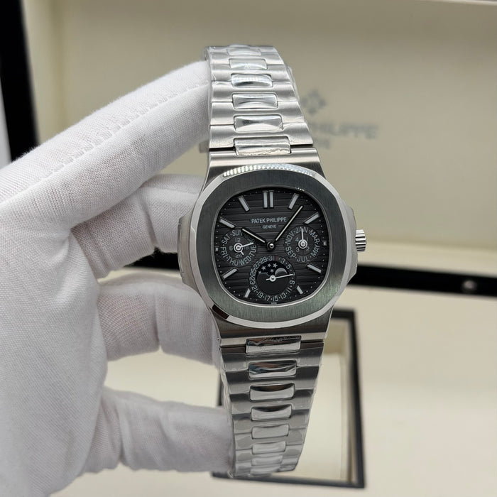 Patek Philippe Nautilus annual calendar dark ribbed dial and integrated moon phase sub-dial Swiss Super Clone