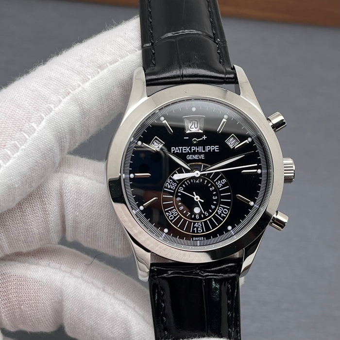 Patek Philippe Annual Calendar Chronograph (ref. 5960P-016) platinum case and a black Swiss Super Clone