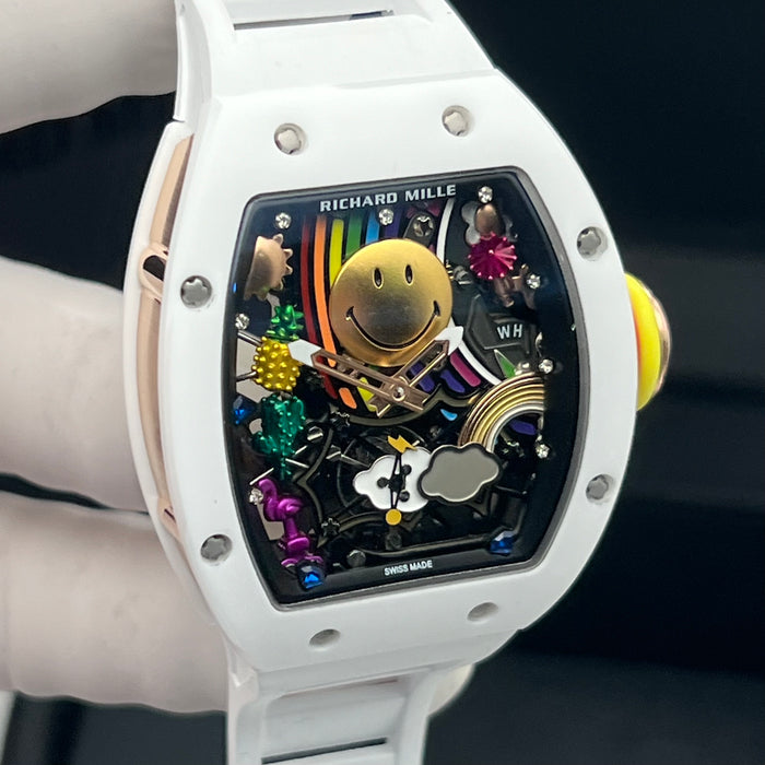 Richard Mille RM88 Smiley Art Skeleton Watch – White Ceramic & White Strap | Swiss Super Clone Automatic