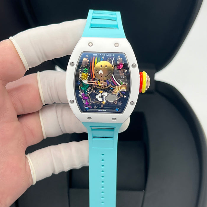 Richard Mille RM88 Smiley Tourbillon Art Watch – White Ceramic & Blue Strap | Swiss Super Clone Automatic Skeleton