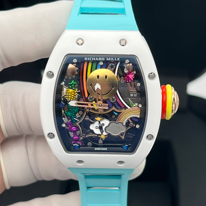 Richard Mille RM88 Smiley Tourbillon Art Watch – White Ceramic & Blue Strap | Swiss Super Clone Automatic Skeleton