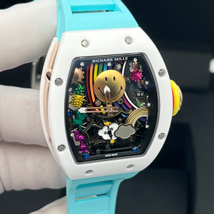 Richard Mille RM88 Smiley Tourbillon Art Watch – White Ceramic & Blue Strap | Swiss Super Clone Automatic Skeleton