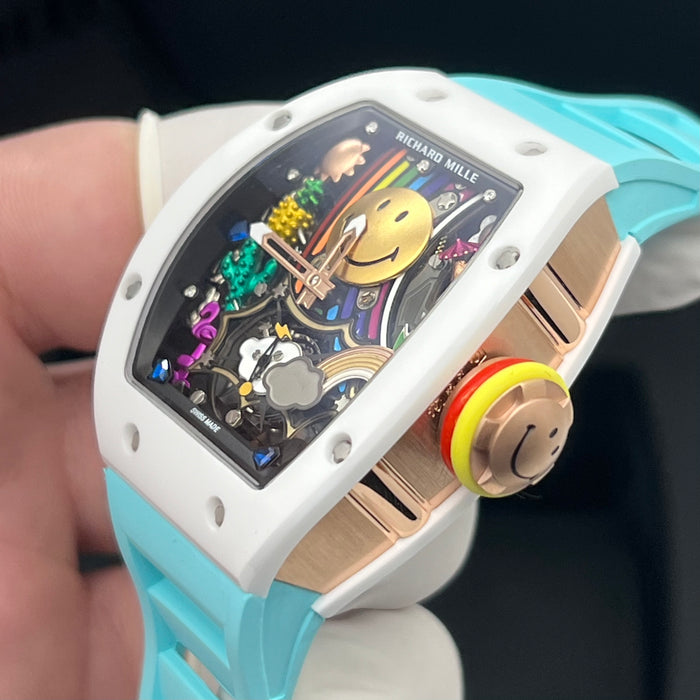 Richard Mille RM88 Smiley Tourbillon Art Watch – White Ceramic & Blue Strap | Swiss Super Clone Automatic Skeleton
